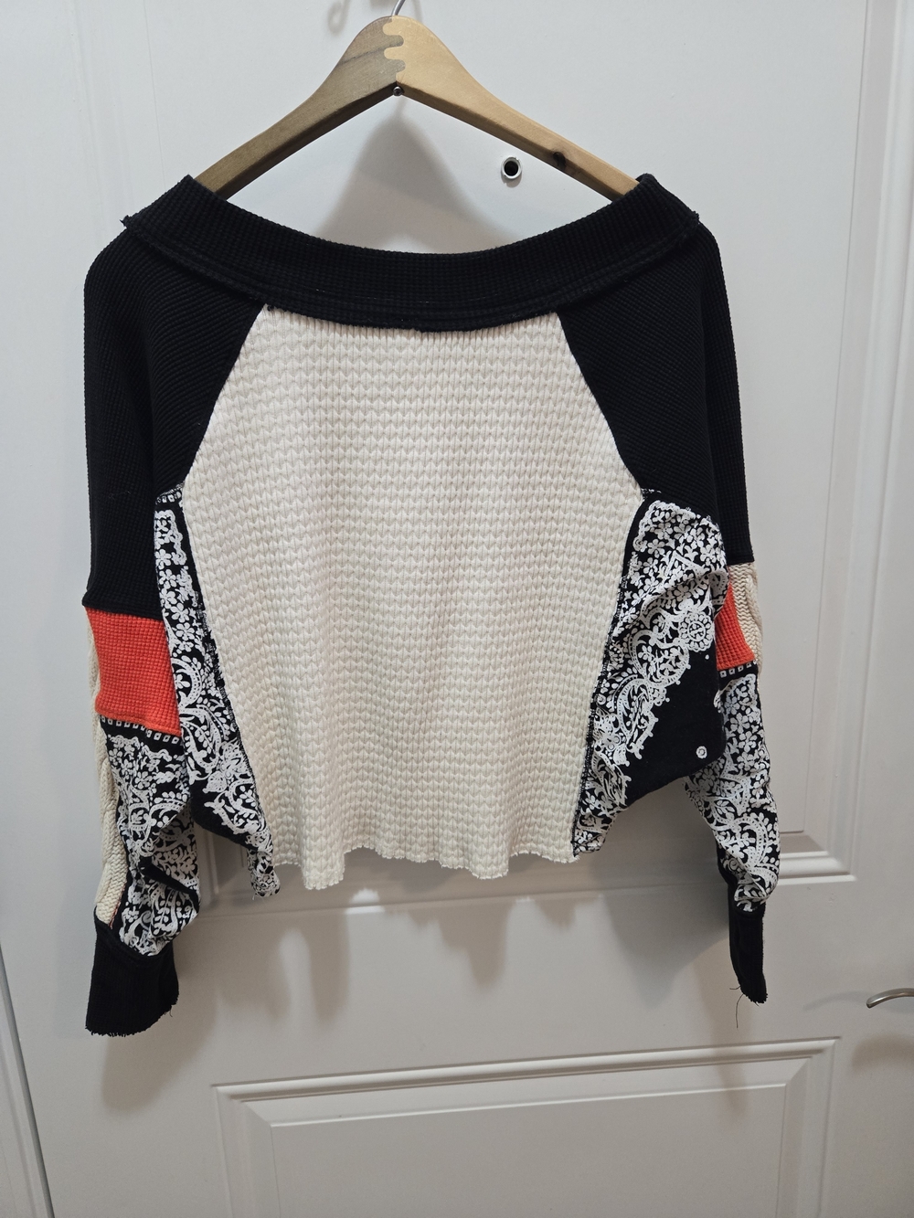 Free People Off-Shoulder Mixed Knit Sweater in Black, Cream & Red Accent - Picture 3 of 8